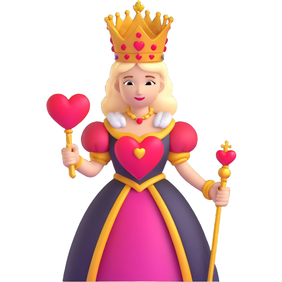 Queen of Hearts from Alice in Wonderland, classic look, crown and heart scepter emoji