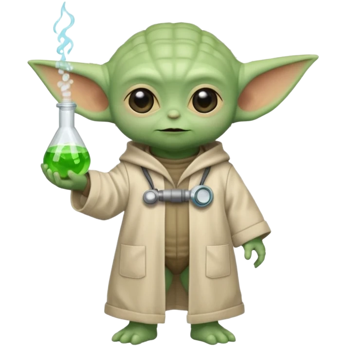 Baby Yoda full body with his normal suit like a scientist emoji
