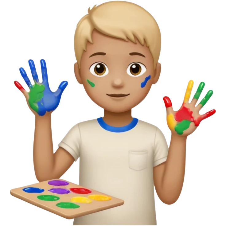 Kid with finger-painted hands and body, palette emoji