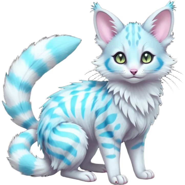  cute adorable whitish pastel fur with glowing bioluminescent random colorful neon-markings iridescent beautiful elegant pretty precious cute young youthful  Fakémon-Pokémon-alien-opossum-feline-serval-caracal-chinchilla-Minccino-hybrid-creature with a big fluffy bushy striped tail (full body) emoji