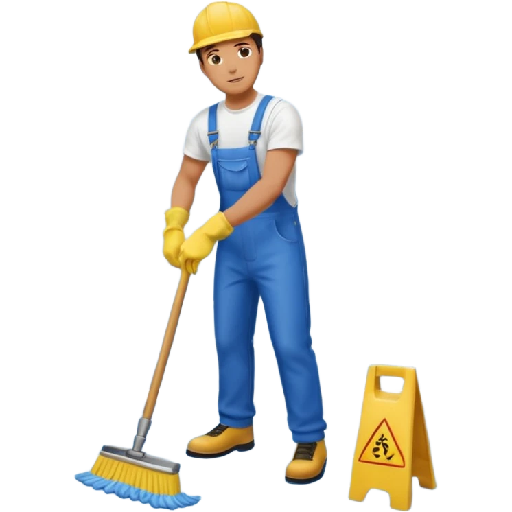 Custodian with yellow rubber gloves, white T-shirt, blue overalls, mopping floor emoji