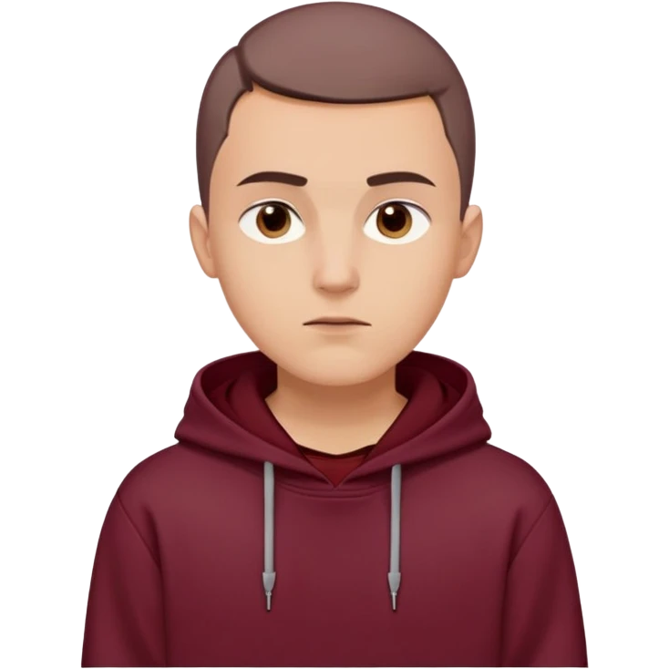 young European male, maroon hoodie with hood up, short brown buzzcut, smooth skin, oval face, defined jaw, high cheekbones, sharp eyes, straight eyebrows, neutral calm expression emoji
