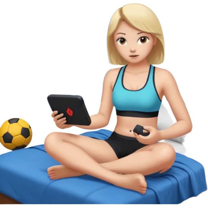 a naked girl sitting on her bed, in a sports bra, playing a video game emoji