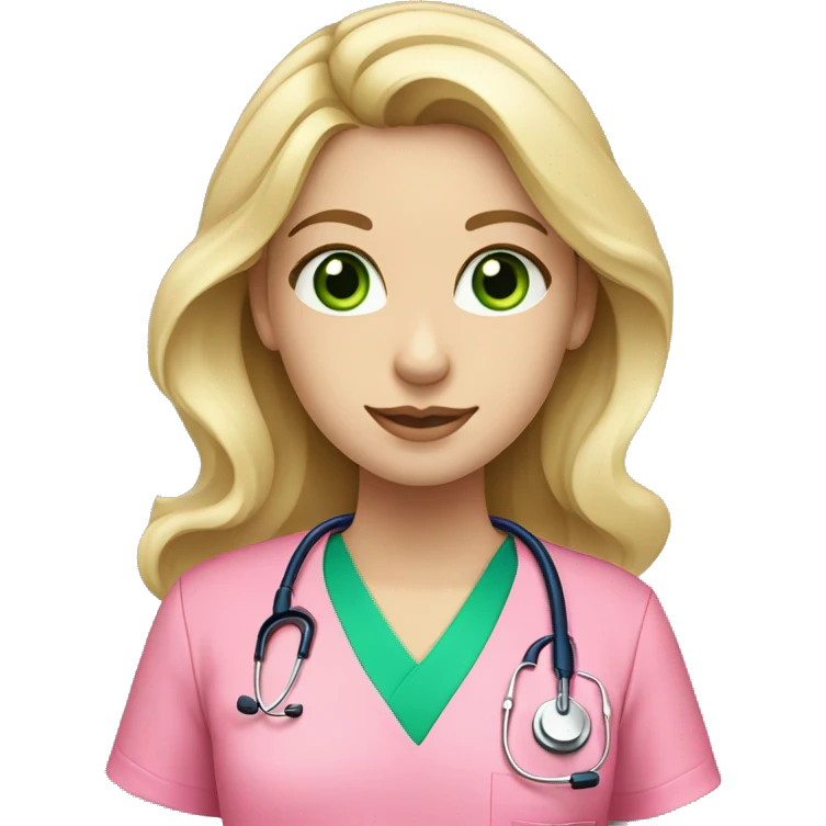 pale blonde girl with long wavy hair and green eyes wearing pink scrubs and stethoscope  emoji
