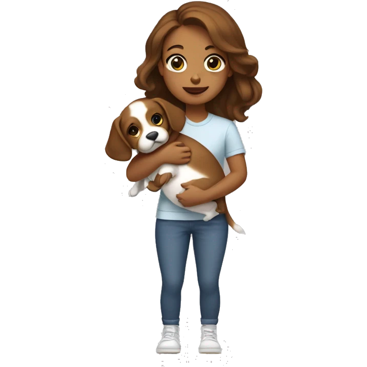 Girt with brown hair hold a little puppy in her arms emoji