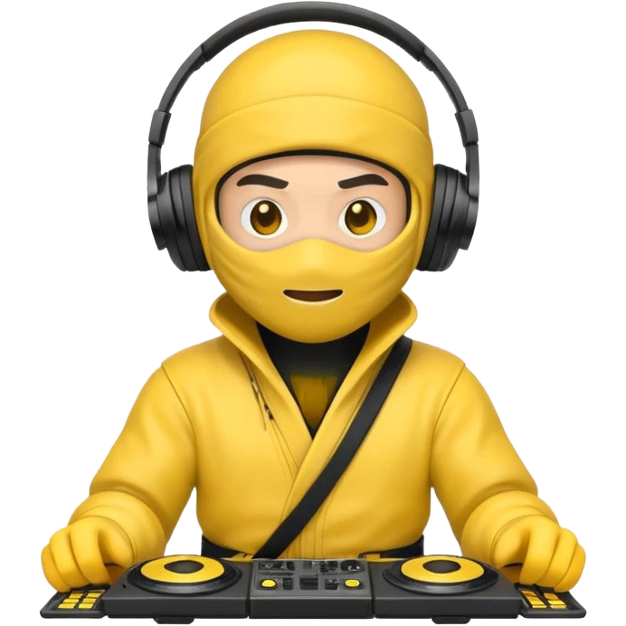 Make a customized yellow  emoji that has dj headphones on and a ninja outfit emoji