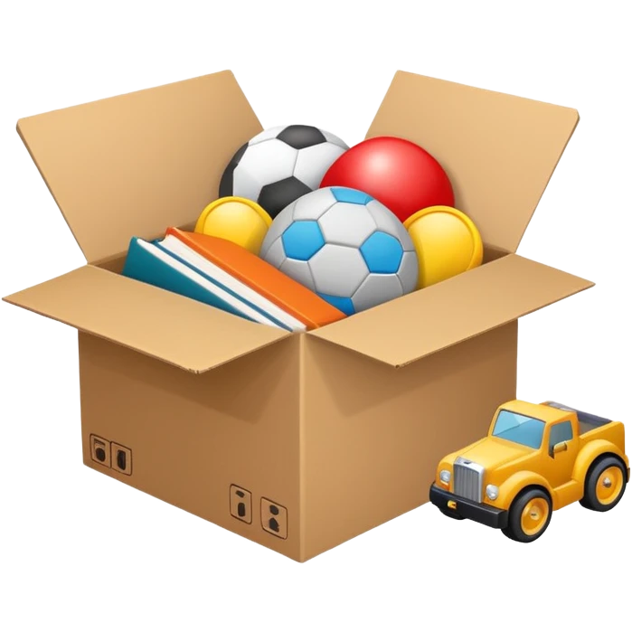 cardboard box with toys, rc, books, CD, realistic emoji