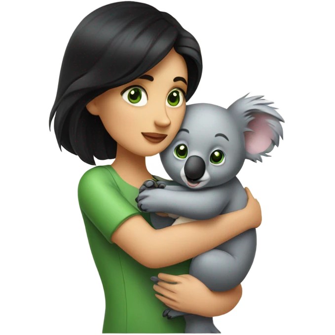 black hair women that has green eyes kissing a really cute koala that hugs her  emoji