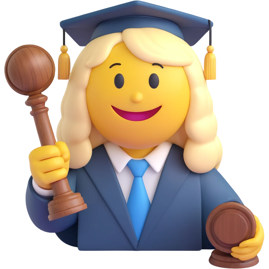 3D smiley emoji, round shape, judge wig and gavel, smiling face emoji
