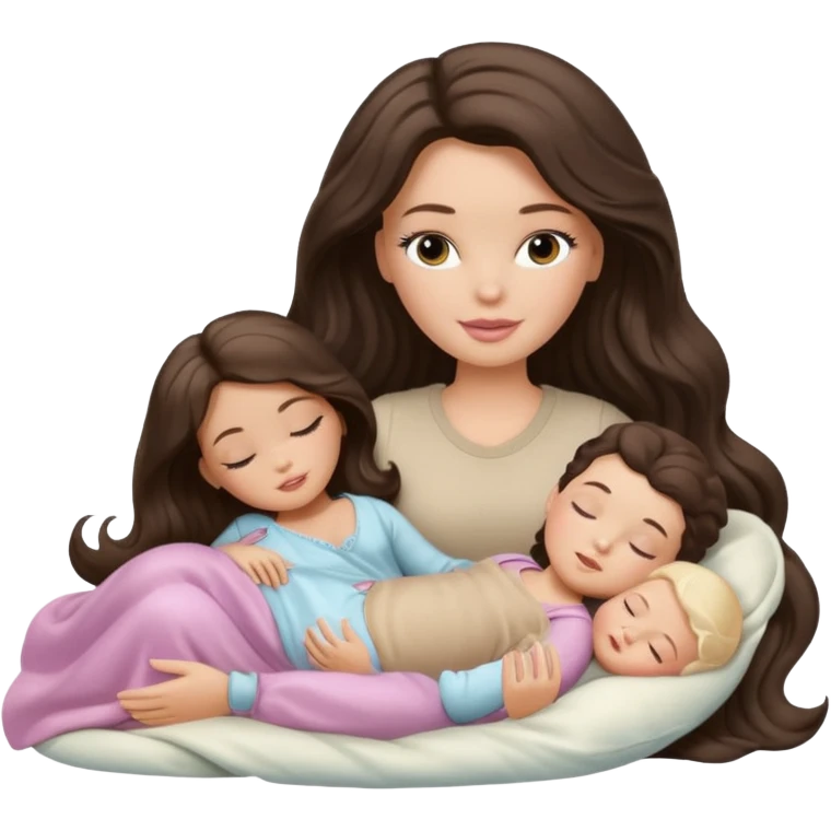 White Barbie girl dark brown long wavy hair in beige clothes sleeping with white baby at cream bed emoji