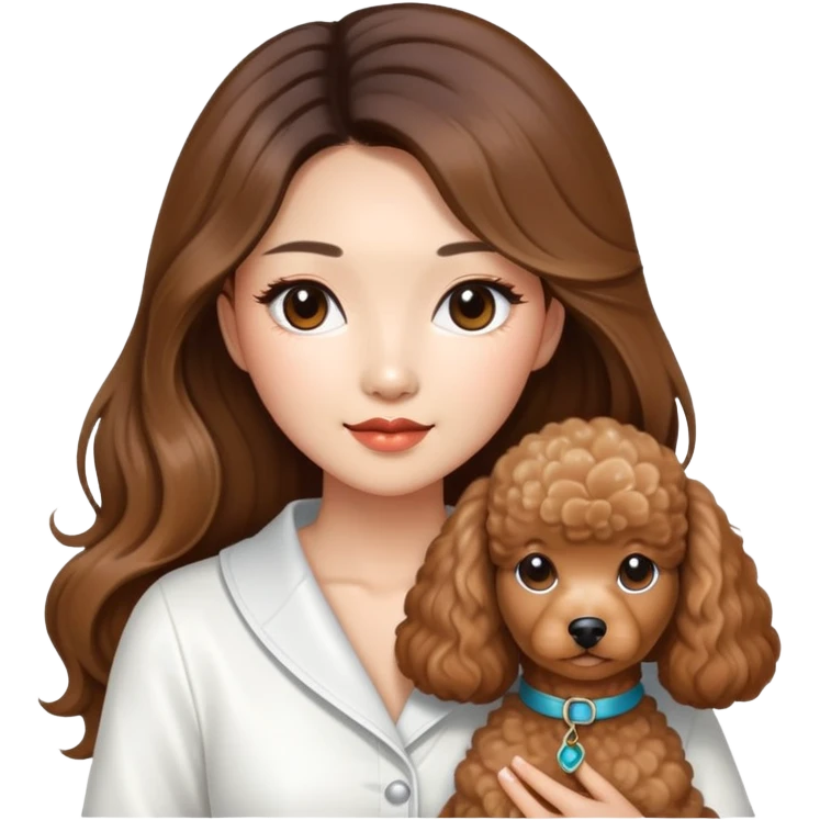 a asian lady with long balayage hair with highlights, long lashes, holding a brown poodle, wearing white outfit emoji