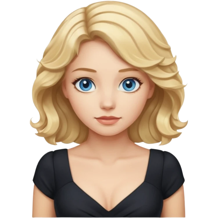 woman with blond wavy hair, tight black dress with a white line at the top, blue eyes emoji