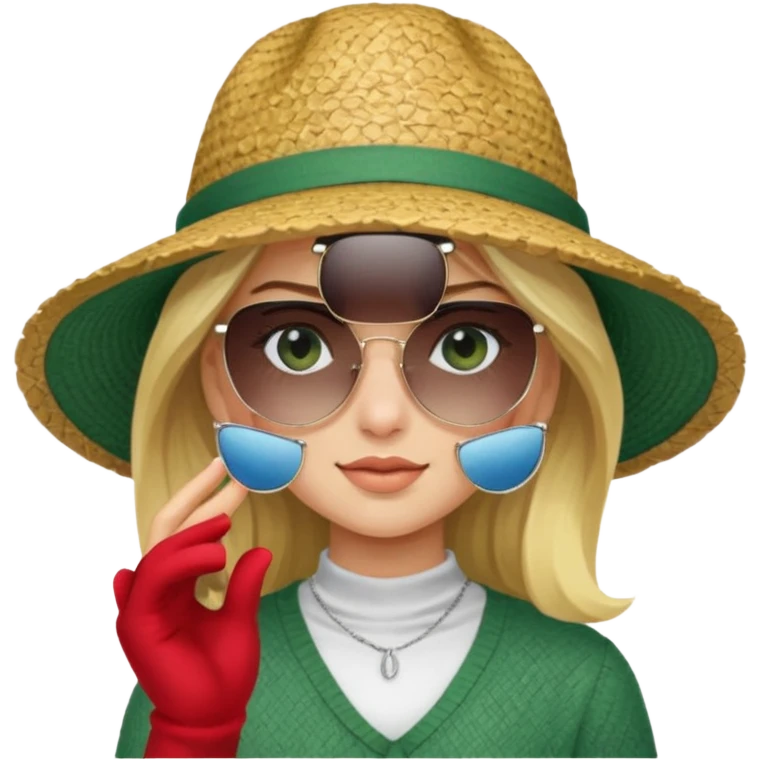 blonde girl in dark green straw hat adjusting sunglasses emoji