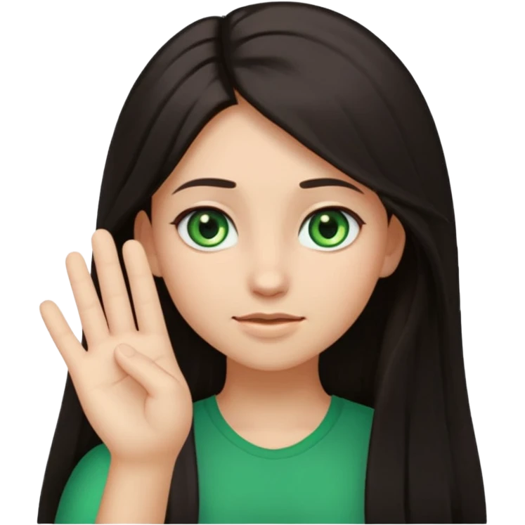 Animated girl dark long hair green eyes emoji holding right side of the head with her hand with duh facial expression  emoji