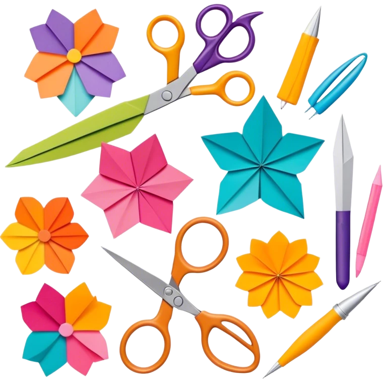Paper crafting icon, various paper crafts like origami, paper flowers, and scrapbooking materials, visible tools such as scissors, glue stick, and paper sheets, colorful paper patterns, minimalistic style, clean lines, transparent background. emoji