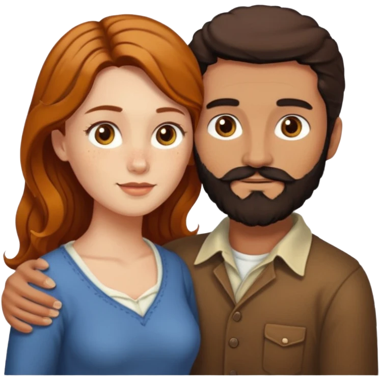 Couple. Bald man with dark brown-black beard. White woman with many small, faded freckles, she has white skin and she has auburn-yellow-brown-cinnamon, dark long hair. She has light brown eyes. The man have hazel eyes. Retro style. They hug. emoji