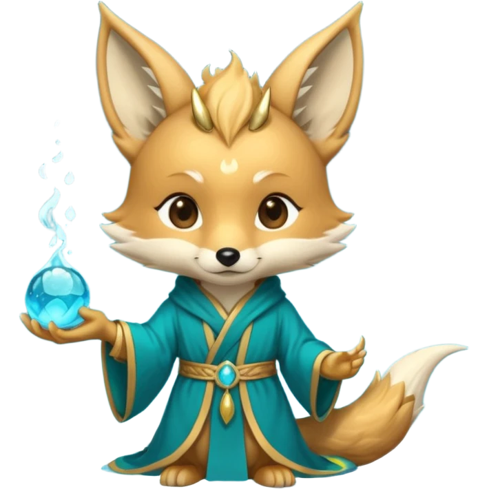 Chibi teal fox with gold mark on forehead, teal-gold robe, holding glowing blue water orbs, with dragon tail on its backside with small antler horns on its head emoji