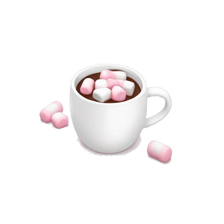 White mug with a pink bow handle filled with hot chocolate and baby pink and white marshmallows emoji