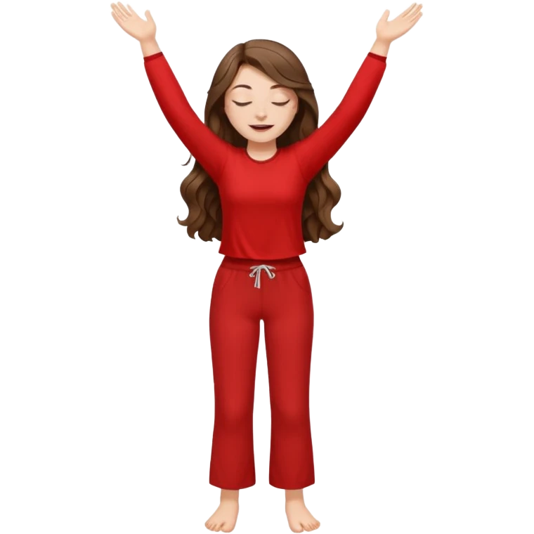 crie uma menina branca com cabelos castanhos longos ondulados, uma roupa de calça e blusa de manga curta na cor vermelho, com braços juntos para cima, olhos fechados e perna levantada emoji