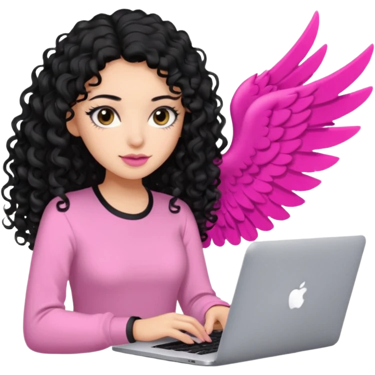 a girl typing mac book air with long black curly hair and brown eyes with winged black eyeliner, pink shirt emoji