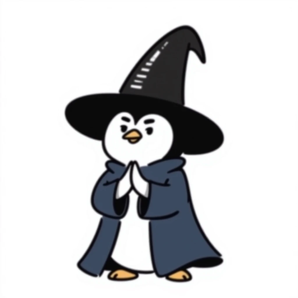 A penguin wizard with a serious expression, wearing a dark blue robe, hands clasped together emoji