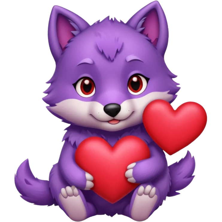 Cute purple wolf pup holding heart emoji