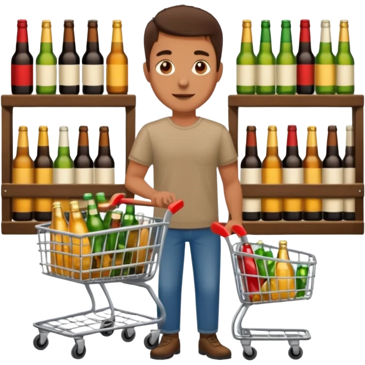 man with a shopping cart full of beers and wines emoji