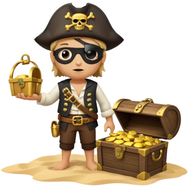 A 3D cartoon pirate with one eye covered by a black eye patch, holding a treasure chest of gold, wearing a hat, standing on sand, Memoji-style. emoji