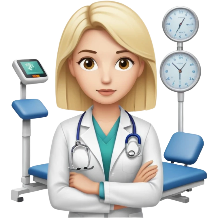 A blonde female kinesiologist with a thoughtful expression, wearing professional medical attire, in a physical therapy clinic setting emoji
