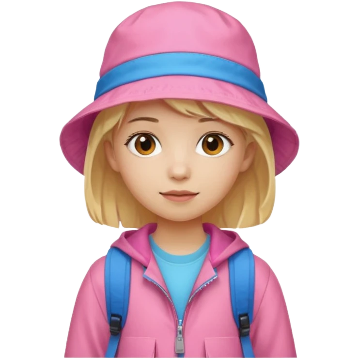 A student white skin, blonde hair, with pink bucket hat, orange jacket, blue backpack emoji