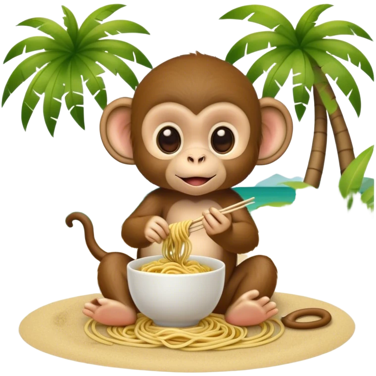Baby monkey eating noodles on the beach with Palms  emoji