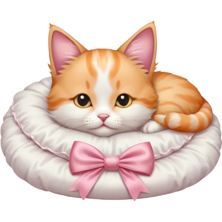 light orange and white kitten with a satin pink bow sleeping on a satin white cat  ed emoji