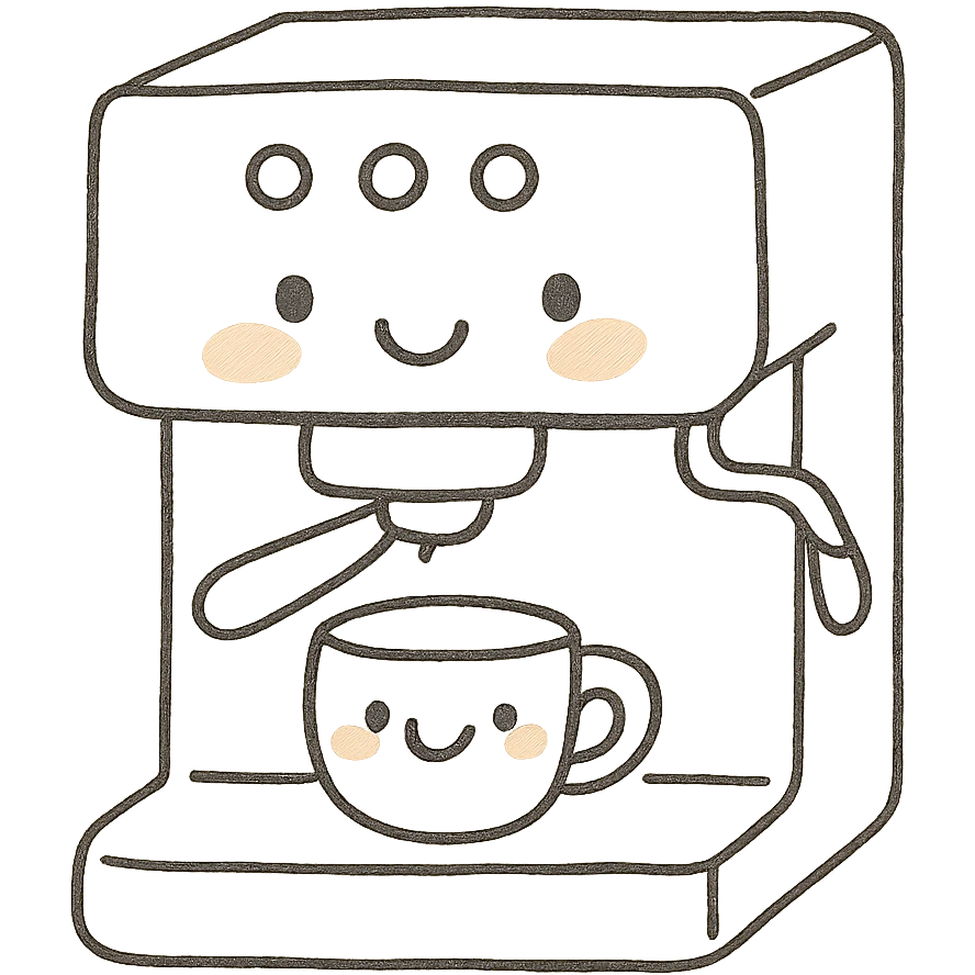 kawaii coffee machine, full body, blushing cheeks, soft pastel colors, hand-drawn style emoji