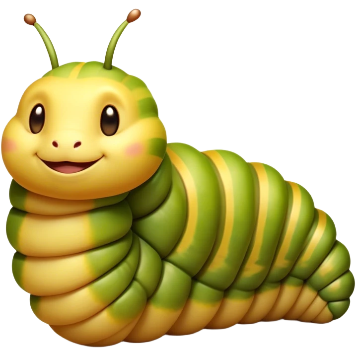 Beautiful and Majestic Caterpillar Portrait Emoji, Head and body rendered in serene repose with a gentle, content smile, showcasing a delicately segmented form with softly textured hues and eyes peacefully closed in tranquil slumber, Simplified yet exquisitely endearing features, highly detailed, glowing with a soft, drowsy natural light, high shine, relaxed and utterly noble, stylized with an air of graceful metamorphosis, soft glowing outline, capturing the essence of a beautiful and majestic caterpillar that embodies the quiet promise of transformation! emoji