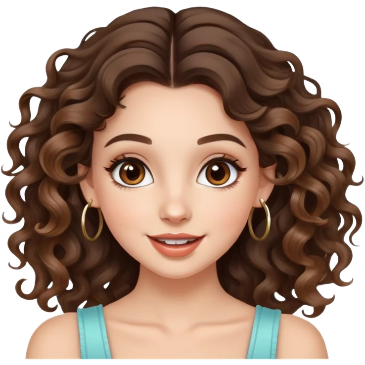 cute girl with not volominous VERY LONG curly/wavy brunette hair with balayage, brown eyes, full lips, natural clean girl makeup and hoop earrings white girl: happy jumping emoji