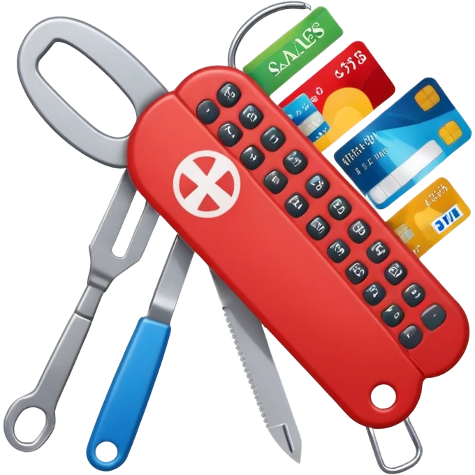 emoji of a swiss army knife with unfolded tools shaped as calculator, credit card, headset, and sales graph, symbolizing job functions related to calling customers for e-conomic, colorful and modern emoji
