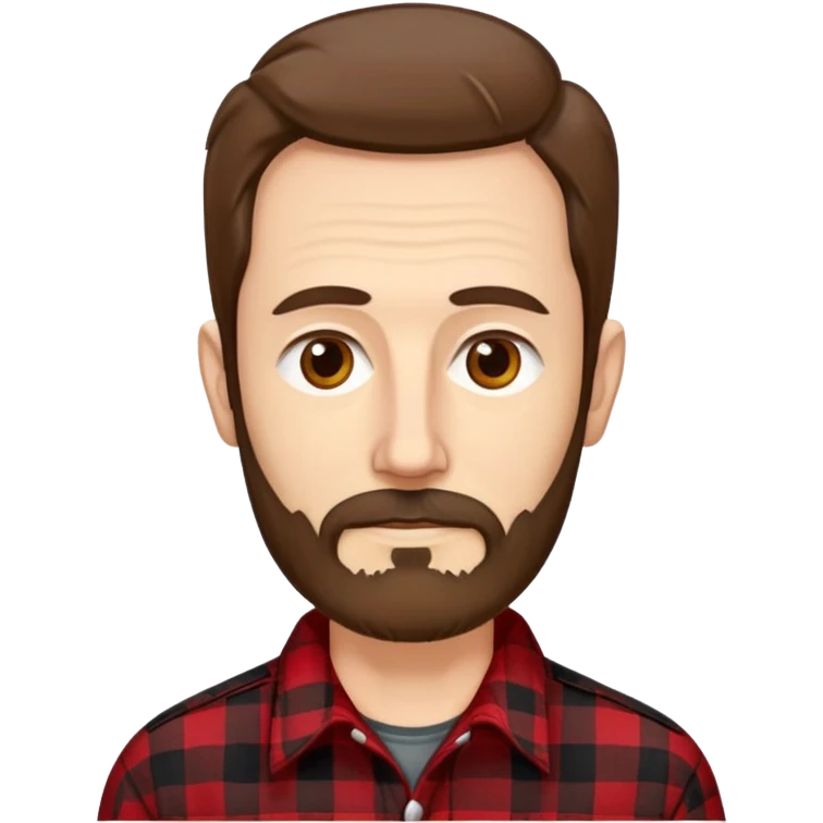Thin man in his 50s with light complexion. Narrow face with pronounced cheekbones. Unkempt brown hair sticking up in places. Scruffy, uneven brown beard. Wearing a red and black checkered flannel shirt that hangs loosely on his lean body. emoji