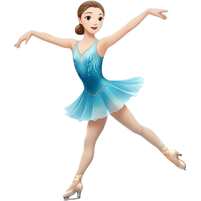 An icon showing a graceful figure skater mid-spin on a sparkling ice rink, arms extended in an elegant pose. The background features soft lights, festive decorations, and an audience in a cozy arena. Transparent background highlights beauty and artistry of figure skating emoji