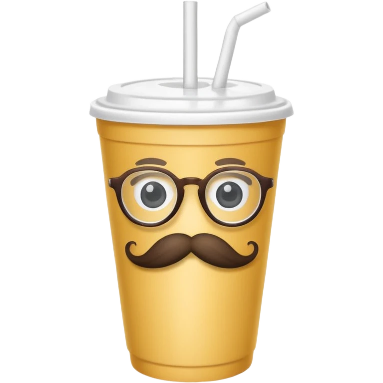 paper cup and white straw, the cup has eyes and mouth and glassess and mustache emoji