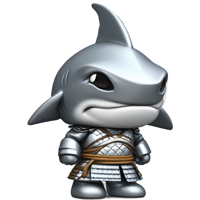 A fully silver chrome figurine of a shark in a samurai outfit, 3D style. emoji