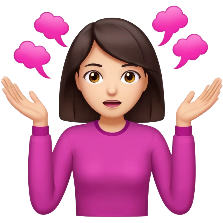 Social media manager. She has dark brown hair, brown eyes, exhaling deeply, hands slightly raised showing frustration. Use vibrant colors with a focus on pink and fuchsia tone emoji