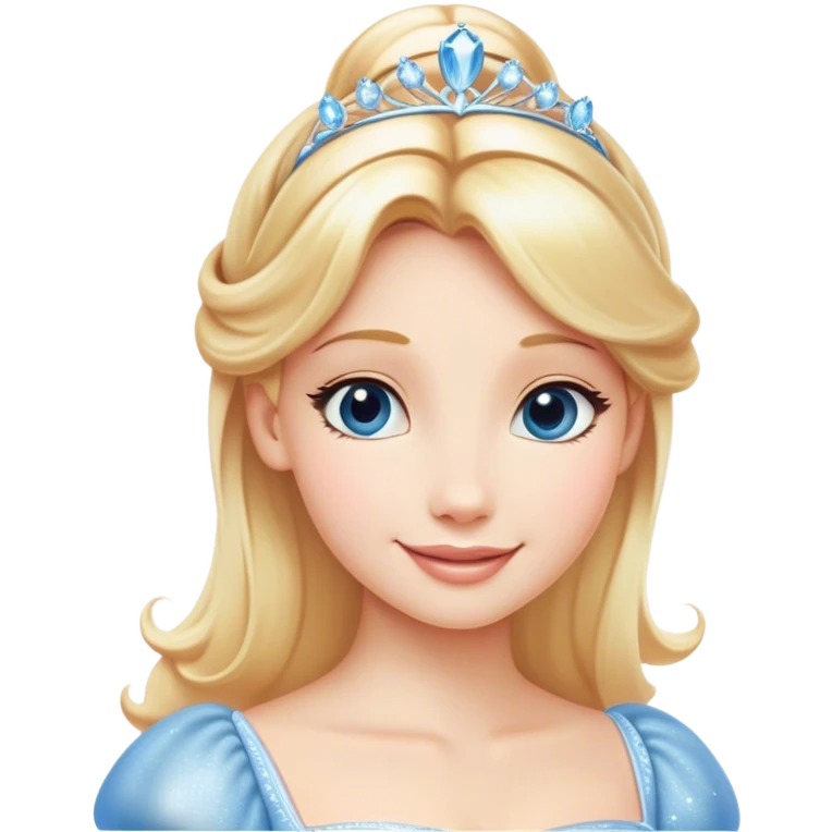 Cinematic Radiant Cinderella Portrait Emoji, rendered in a clean vector-style with bold proportions. Show Cinderella with a warm, serene smile, fair skin, and lustrous blonde hair, wearing a simple yet elegant dress that shimmers with gentle light. The image glows with an inviting, soft radiance and high shine, embodying timeless beauty. emoji