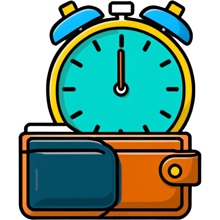 leather wallet next to an alarm clock emoji
