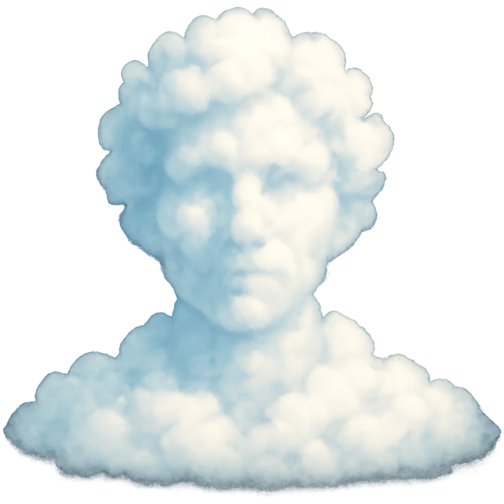 a person shown from shoulders up, facing forward, composed of many small clouds, bright and recognizable image, no text emoji