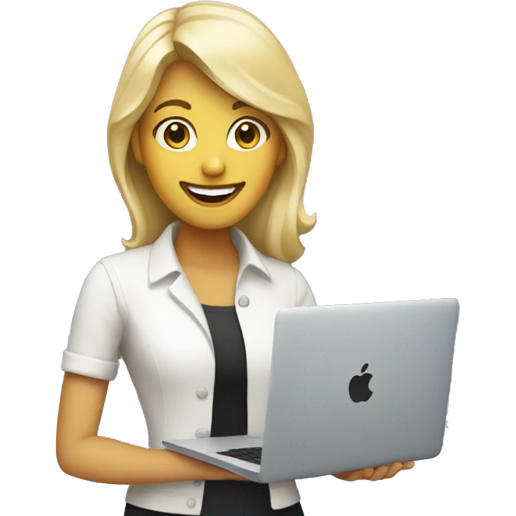 blonde developer holding macbook, smiling emoji