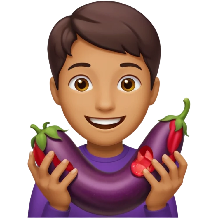 smiley qui se mord les levre avec une aubergine dans les main emoji