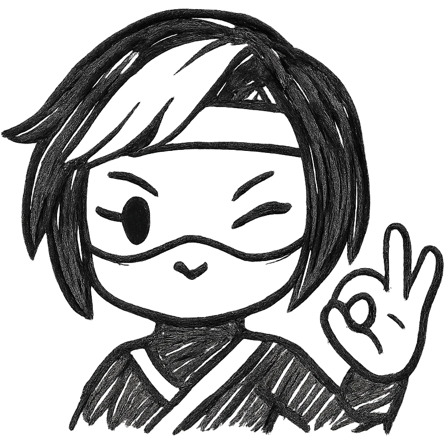 Make the expression even more weird-cute on a sexy chibi ninja girl with black short hair and a blonde streak, only head and arms, making an OK sign with her hand, bold black outlines, transparent background, no mask, one eye winking and mouth in a cat-like :3 shape, sized for Twitch emoji use. emoji