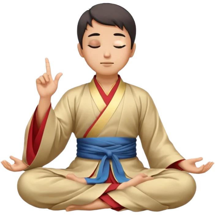 man in hanfu closing sitting in lotus pose, pointing one finger to sky as wisdom gesture emoji