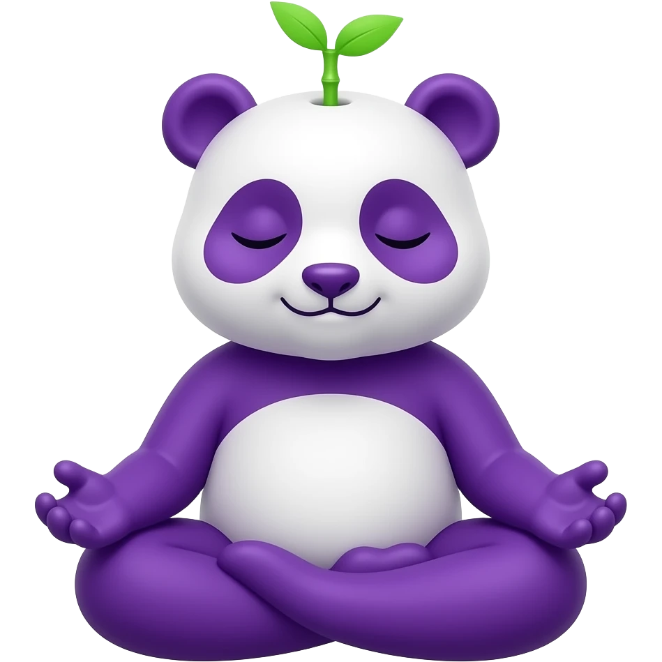 A purple panda sitting in a meditation pose with eyes closed and a peaceful expression. A small, glowing green bamboo sprout is growing out of the top of its head. Clean vector lines, minimalist style, calming purple and lime green palette. emoji