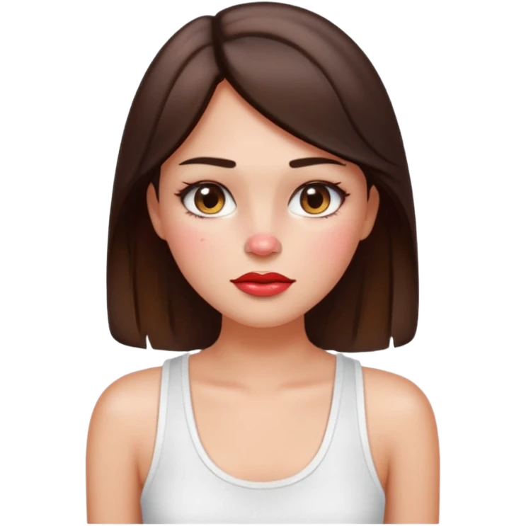 “Emoji brunette girl white tanktop, dewy skin, heavy blush across cheeks and nose bridge, glossy cherry lips, soft eyeliner, teary sparkling eyes like hanni from new jeans emoji